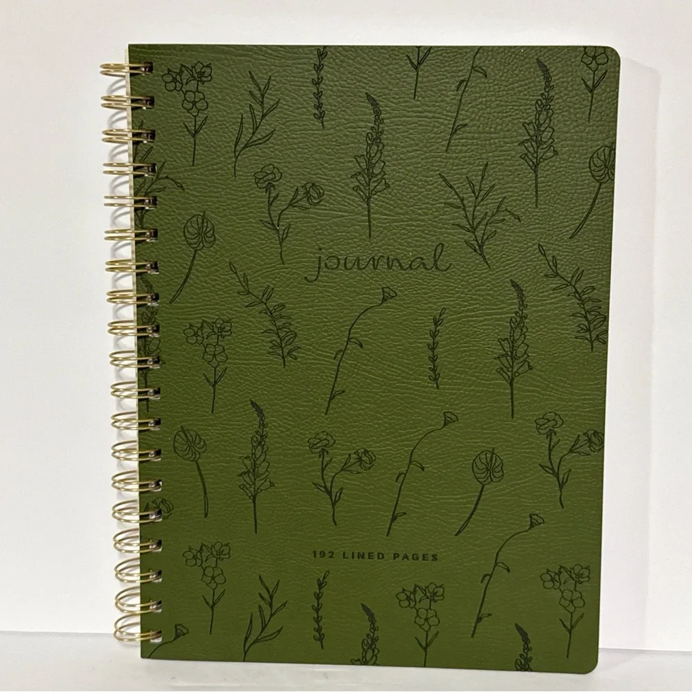 Green Faux Leather Floral Journal with Gold Spiral Binding 192 pages